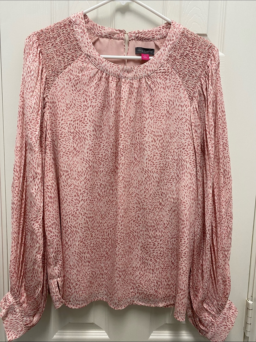 Vince Camuto Pink Printed Long-Sleeve Smocked-Yoke Blouse